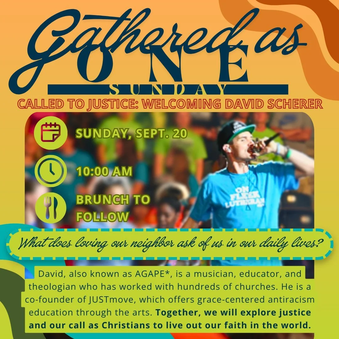 Gathered As One Worship
Sunday, September 20 at 10am
Brunch to follow worship

What does loving our neighbor ask of us in our daily lives? David Scherer, also known as AGAPE*, is a musician, educator, and theologian who has worked with hundreds of ch