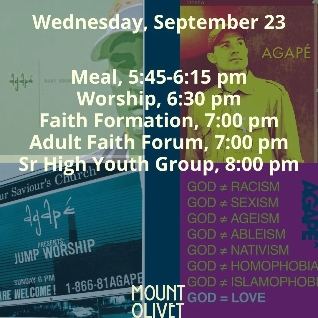 Special Guest David Scherer aka Agape* will be around on Wednesday, Sept 23! We are Called to Justice and David will work with us as we wrestle with that calling from God.

 #mountolivetplymouth #justmoveculture #WednesdayNightsatMO #loveyourneighbor