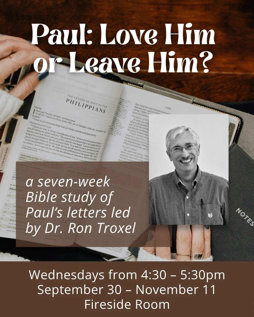 in 24 hours the Wednesday Bible Study starts!
4:30-5:30pm in the Fireside Room

"Paul: Love Him or Leave Him?"

stay after Bible Study for Wednesday Community Meal ($5/person recommended donation)

 #mountolivetplymouth #WednesdayNightsatMO