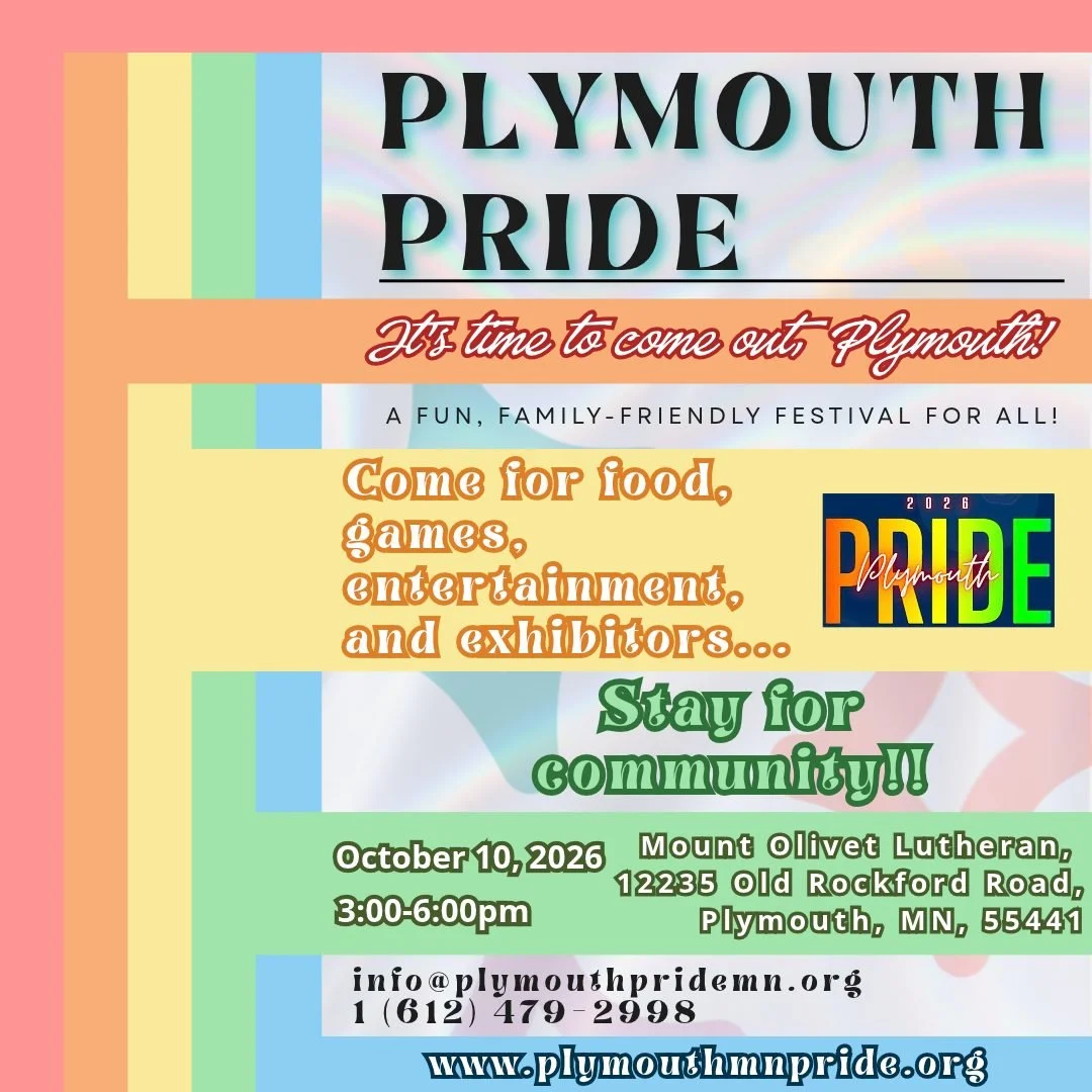 A Celebration for Everyone - Plymouth Pride!

October 10, 2026
3-6pm
Celebrate with us at Mount Olivet!

Come celebrate the first Plymouth Pride tomorrow, October 10, from 3&ndash;6 pm! Mount Olivet is delighted to provide the gathering place for thi