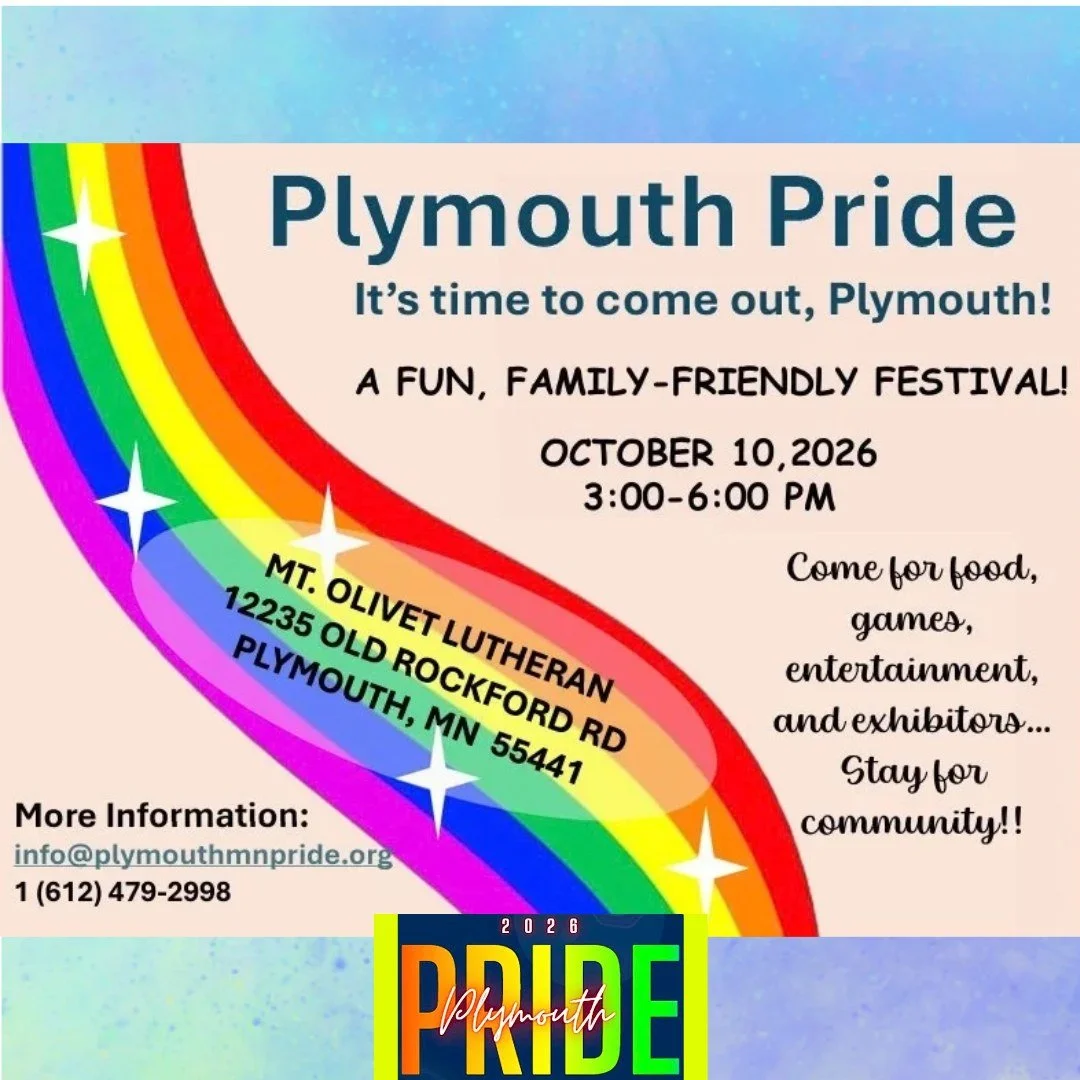 Today!! Come one, come all, to the inaugural Plymouth Pride event! Mount Olivet is proud to provide the gathering place for this community-organized celebration of LGBTQIA+ neighbors, belonging, and joy.  Bring a friend and help make this first celeb