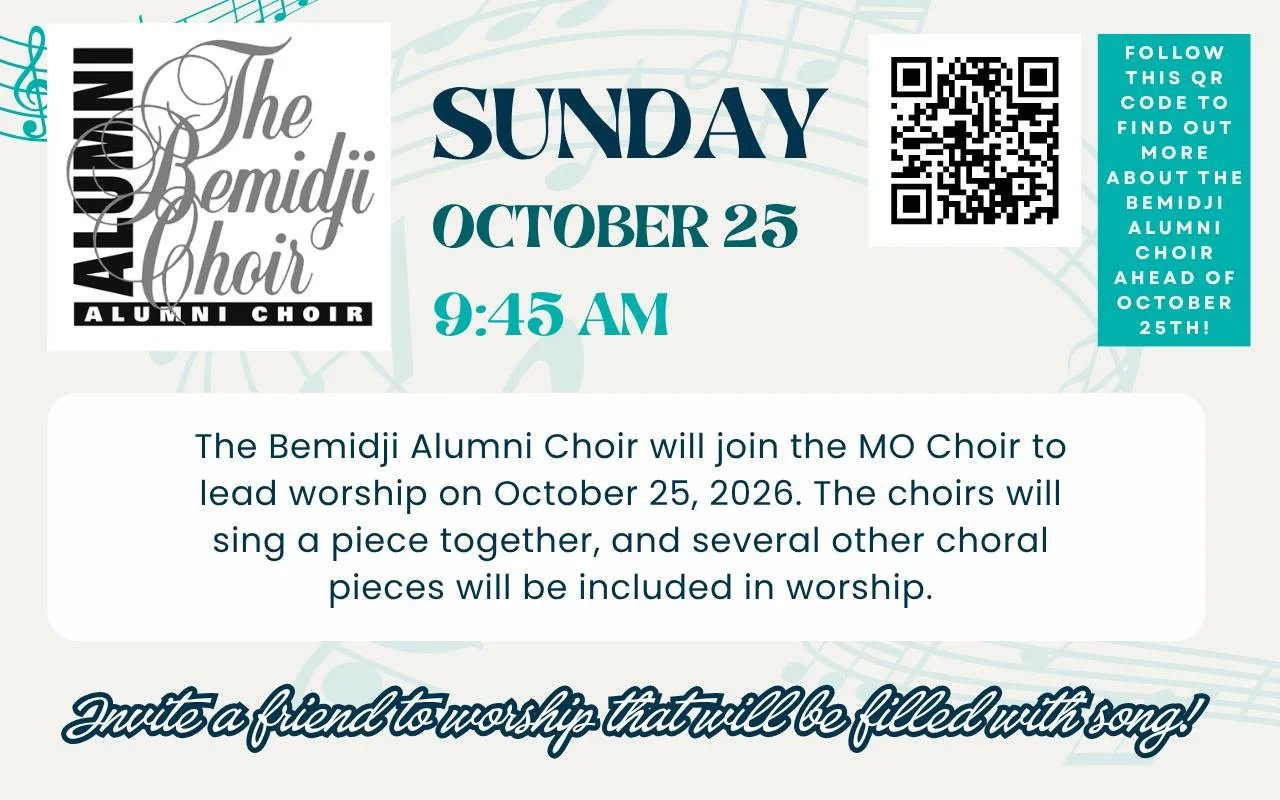 🎶 Join us for worship this Sunday, October 25, as the Bemidji Alumni Choir arrives to lead worship in song! 🎵

The Bemidji Alumni Choir began in 1998, when Bemidji State University alumna Sarah Aamot gathered choir alumni to perform music by Dr. Pa