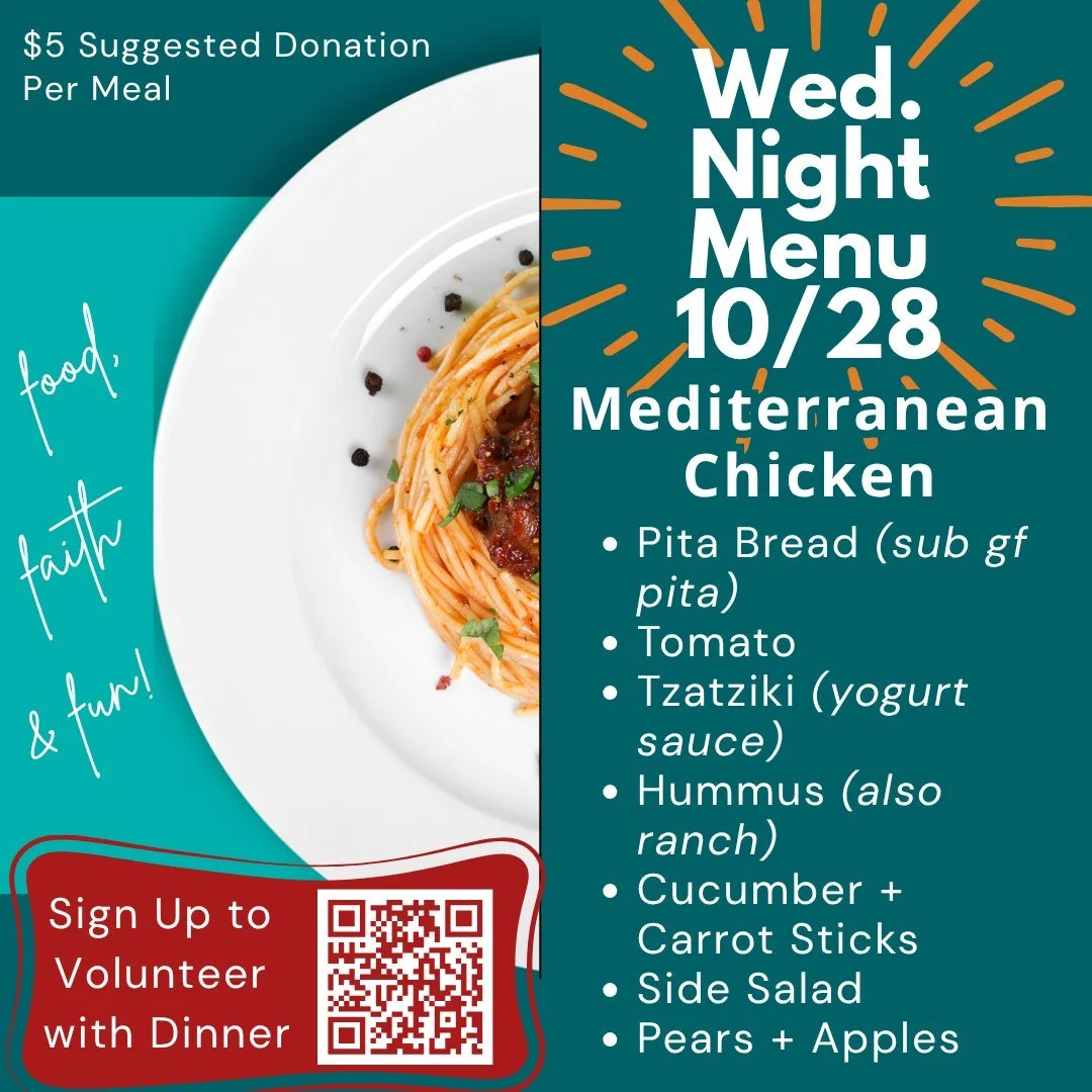 Delicious food, great company &mdash; join us at MO tonight for another wonderful Wednesday night dinner and worship! Tonight, we have Mediterranean chicken on the menu with pita bread, tomato, tzatziki, hummus, cucumber, and carrot sticks, all serve