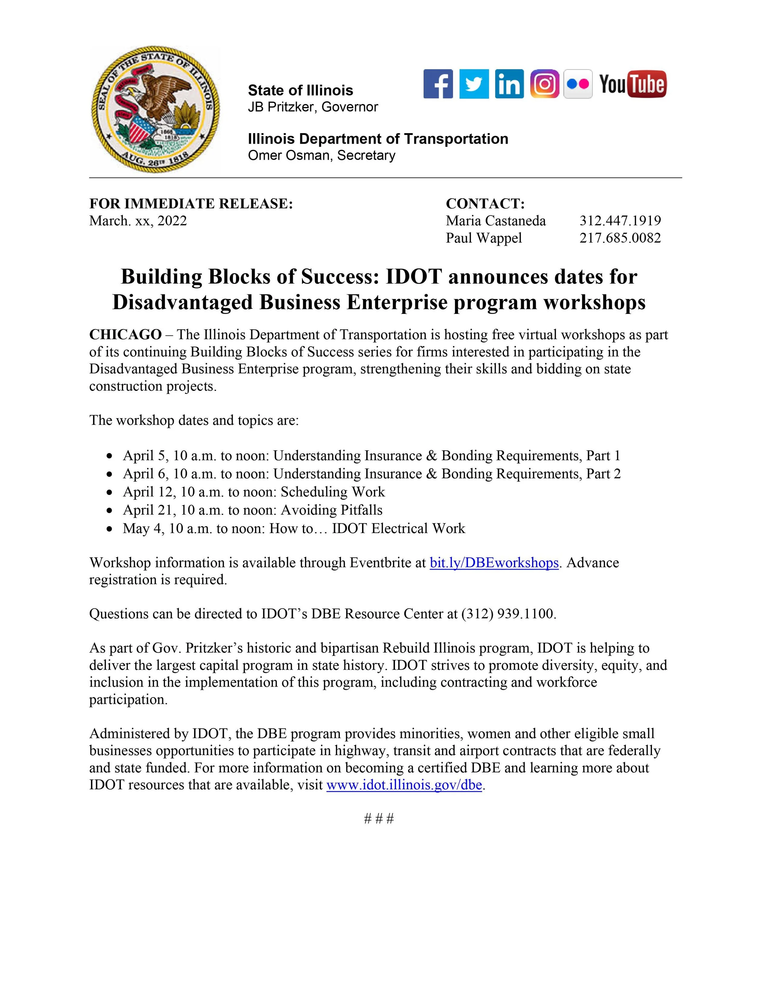  IDOT announces dates for Disadvantaged Business Enterprise program workshops