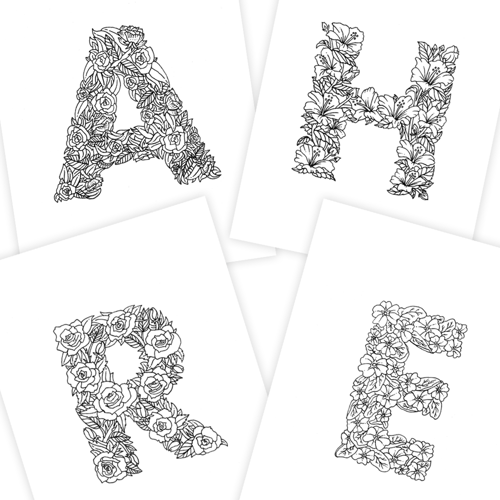 26 Coloring Pages, The Floral Alphabet, Print-at-home