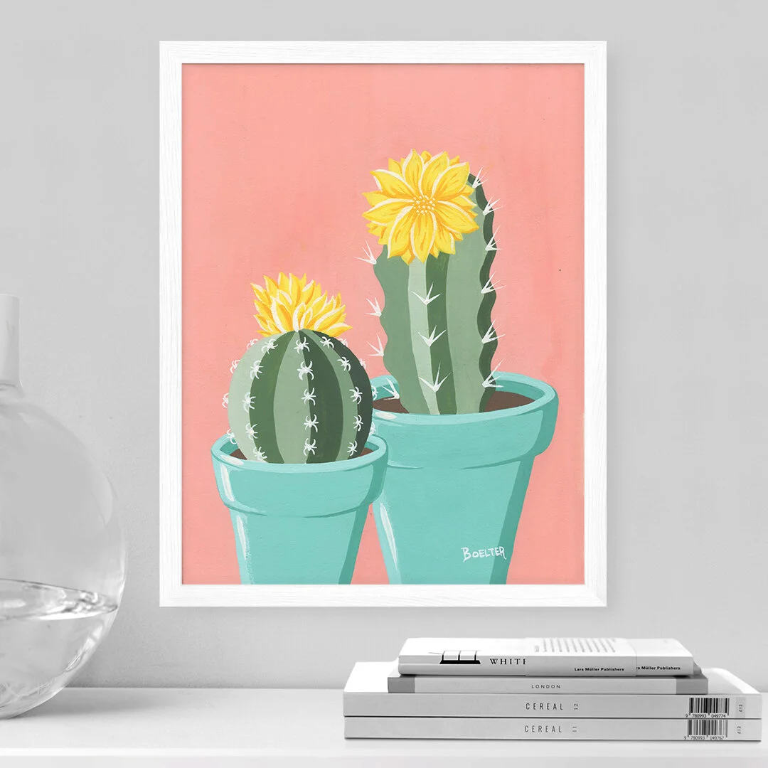 Turquoise Potted Cacti with Flowers | Art Print #166