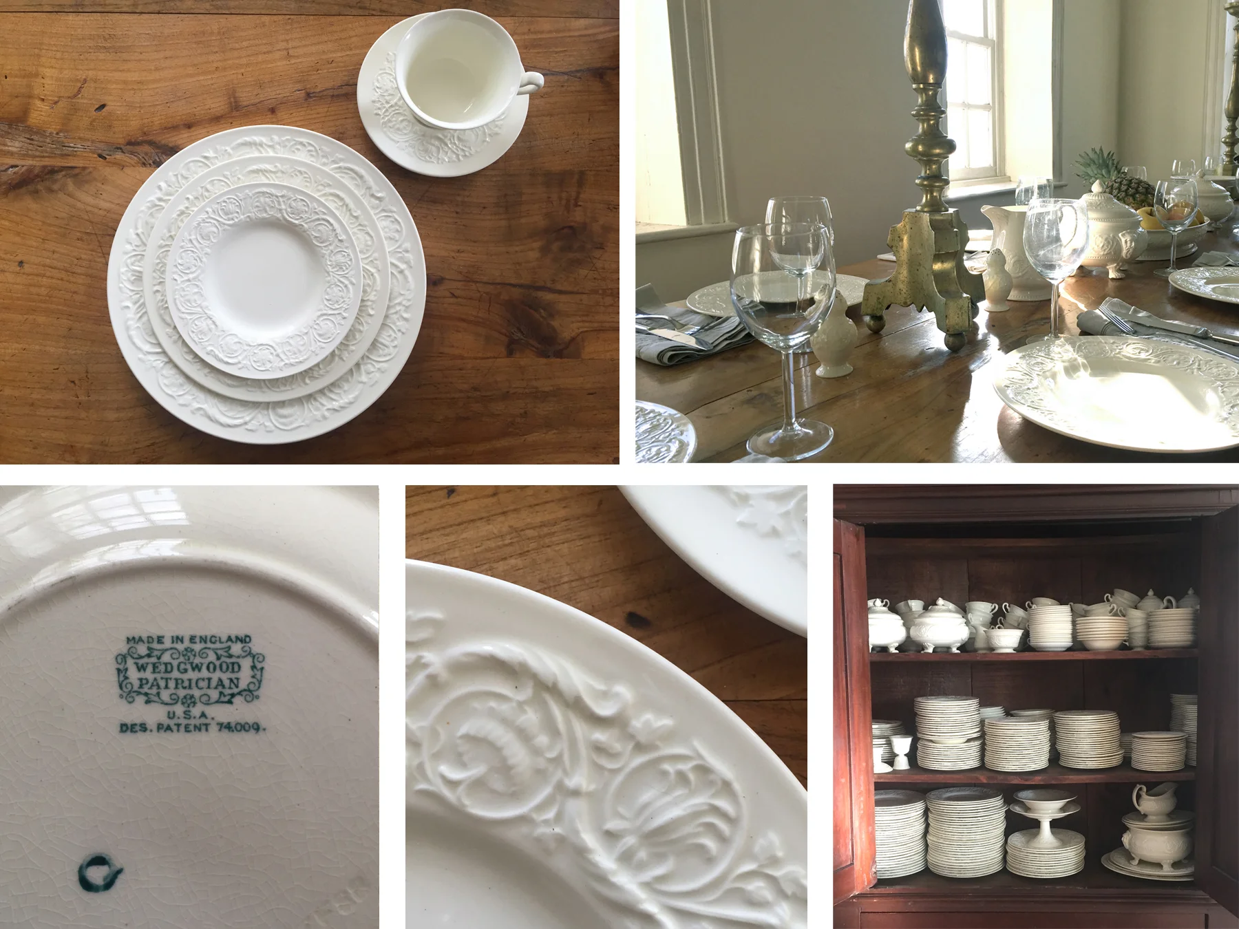 Vintage English Wedgwood china for 100 guest Over the past years we acquired an extensive selection of a fine Wedgwood bone china in the "Patrician" pattern with an intricate foliate molded border of flowers and leaves. You can choose between 5 piece place settings or rent the entire collection including all serving pieces. The collection contains 100 5 piece place settings and various coffee and tea pots, sugar bowls, creamer, serving platters and serving bowls with and without lid in all sizes. Please inquire about logistics and individual pieces you're interested in. 5 Piece Place Setting : 10" dinner plate, 8" salad/dessert plate, 6.5" bread plate, cup and saucer Fee: $4/set | $400 entire collection of 100 place settings and serving pieces.