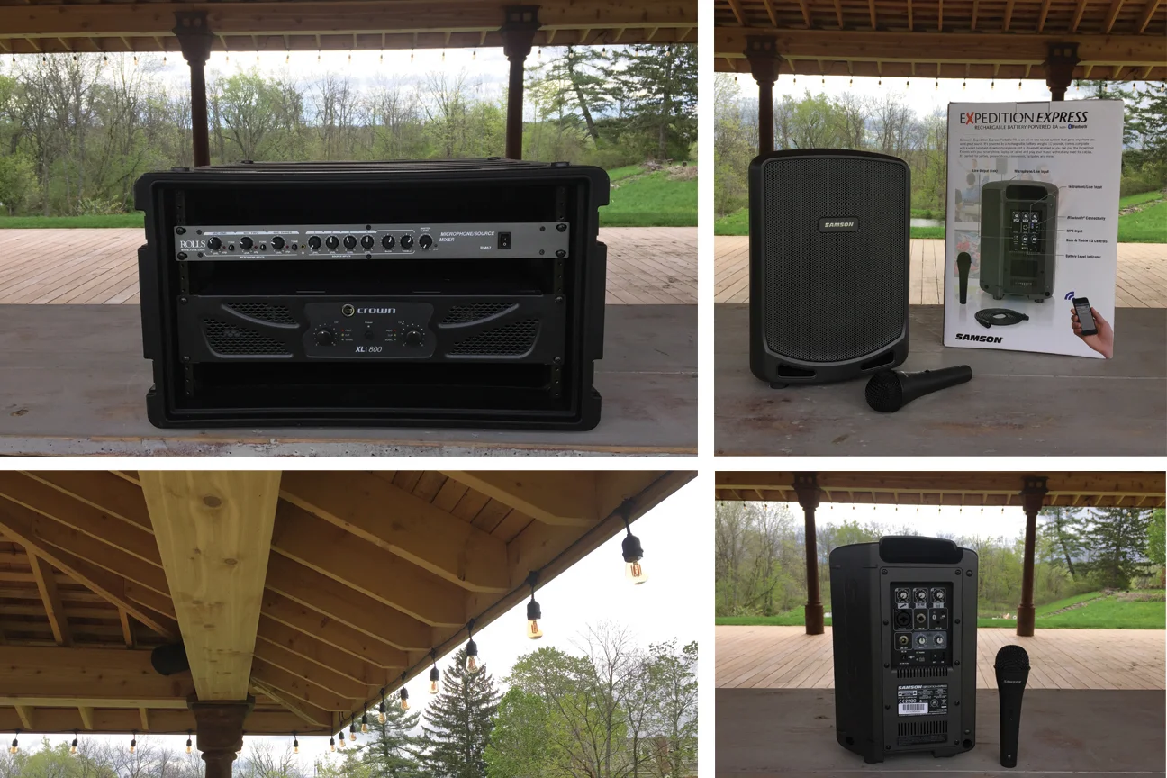 Built-in Sound System Our state of the art sound system is specifically designed to have best in class sonic characteristics and stunning high fidelity while keeping the sound within the confines of the pavilion. It comes with the pavilion for no extra fee. The system features 4 built in Evid two-way surface-mount loudspeakers under the roof , a Rolls RM 67 Mic/Source Mixer and a Crown Harman XLi Power Amplifier and is ideal to plug in your playlist from phone or laptop. Portable Sound System Our lightweight portable sound system features a 3 channel mixer with Mic, Line & Aux Inputs, a built-in rechargable battery with 8h battery life and connects via Bluetooth to your laptop or phone. Fee: $300