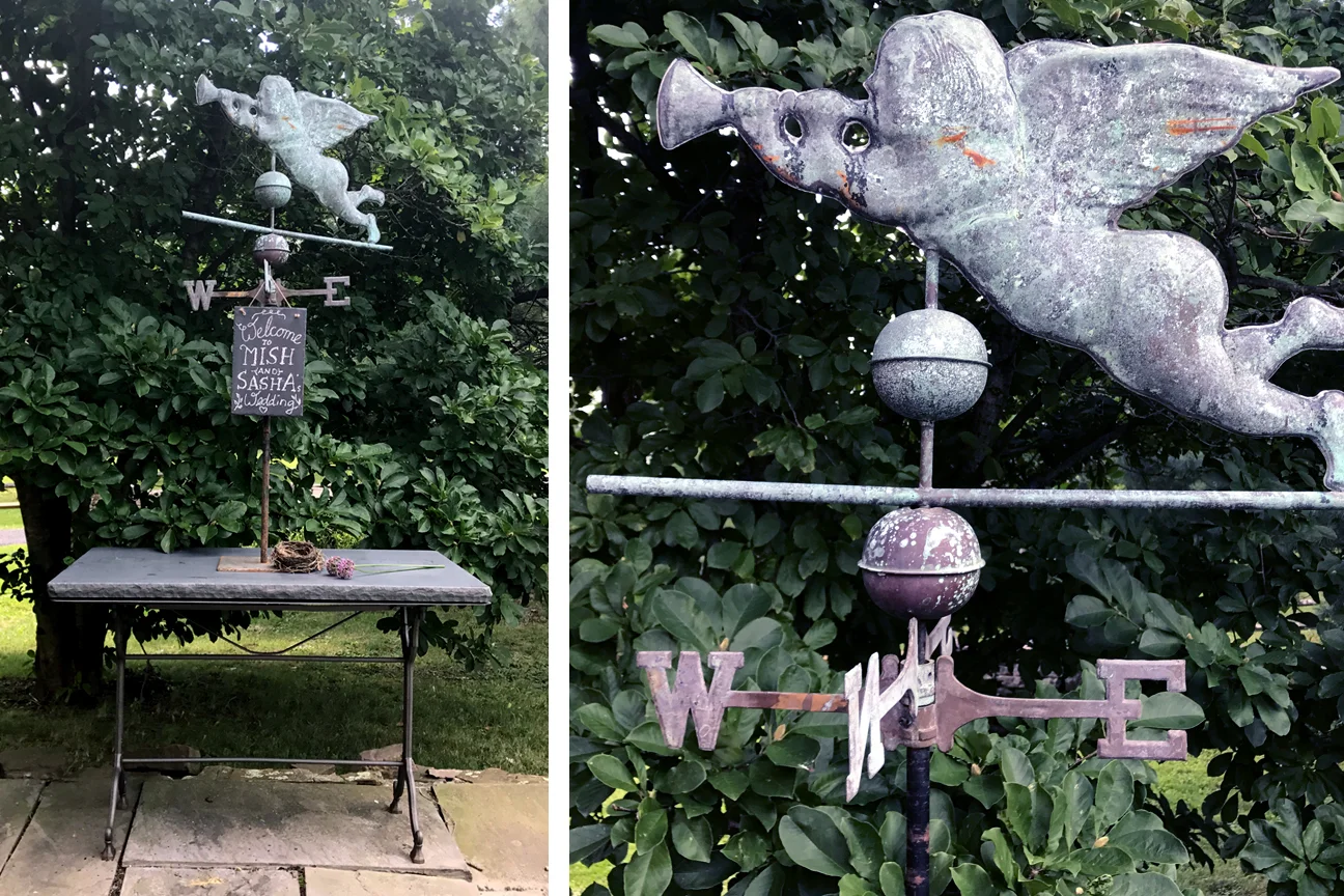 This 19th century weathervane depicts the trumpeting Angel Gabriel and is considered the most desirable and rare form in the iconography of American weathervanes. Gabriel embodies the magic of the Heavens and the highest personification of human fantasy. The beautiful weathered surface combined with the artist's aesthetic decisions create a serendipity of nature and men. Trumpet good tidings over the site of your wedding with the W and E of the weathervane directionals celebrating the WE of your union. Make it a beautiful centerpiece in any of your settings and customize it with your personal message on individual slate chalkboards, that complement the finish of our local lime stone tabletops and vintage french cast iron tables. Fee: $100