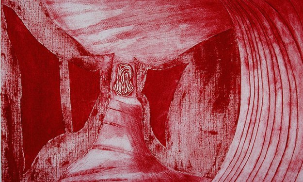 A Collograph print created from a textured bas-relief plate, constructed like a collage. The plate is “inked” with OPEN Acrylics and the image is transferred to paper with the aid of a hand baren.