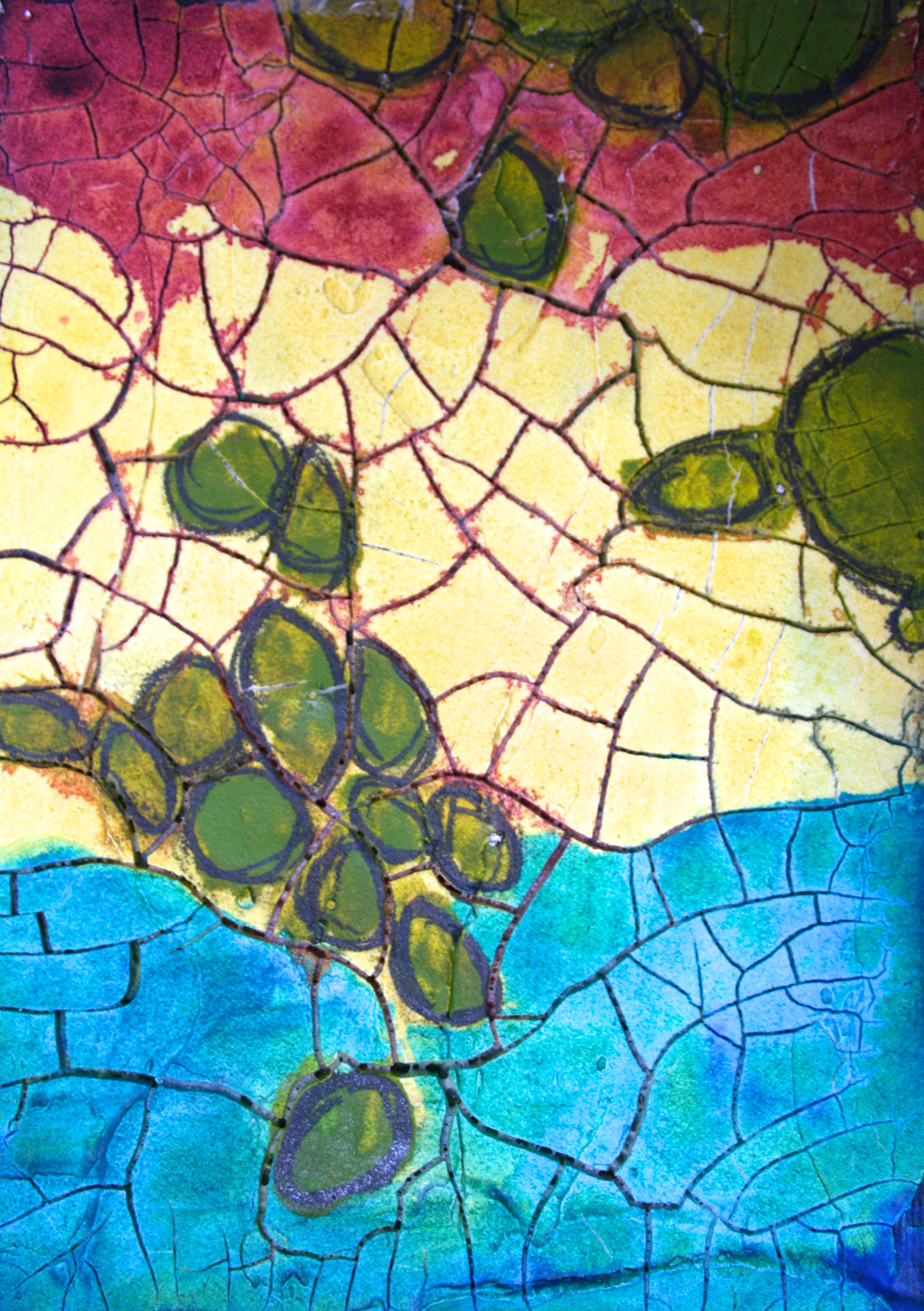 First layer of paint, you could use Fluid Acrylics, High Flow Acrylics or QoR Watercolors all made by Golden. Just remember to keep them juicy wet with water to take advantage of the absorbent nature of the Crackle Paste.