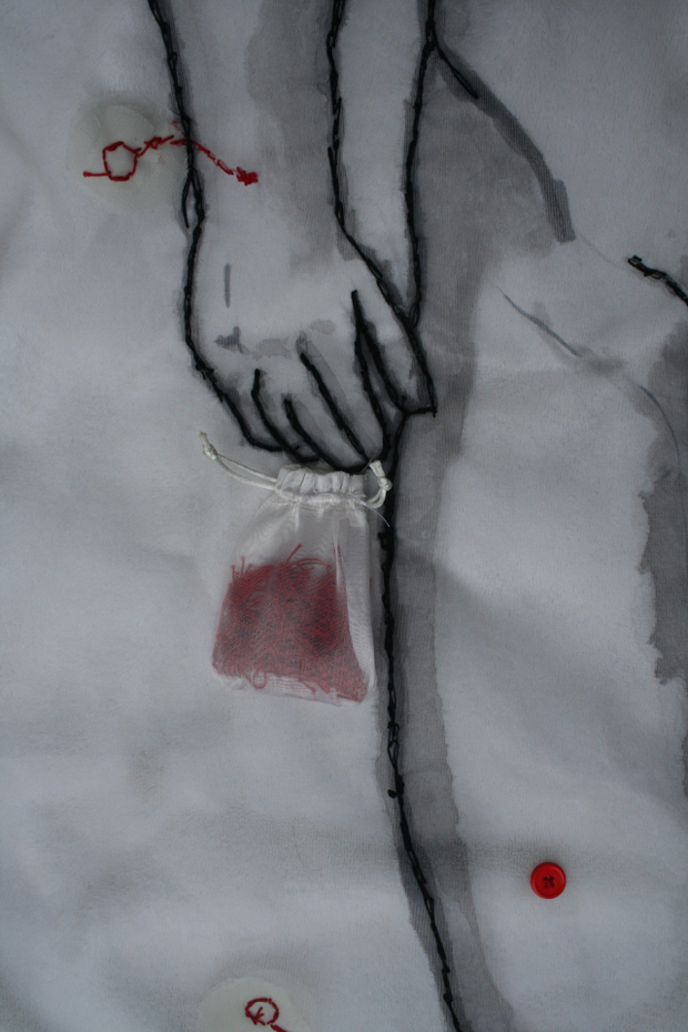 Detail of sewing and the organza pouch with red threads to represent strands of history.