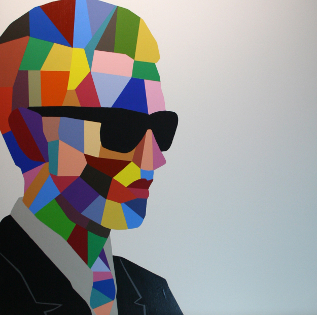 The Quilted Man-How he saw the New World, Acrylic on wood panel, 36 x 36 inches. Kevin Greeland