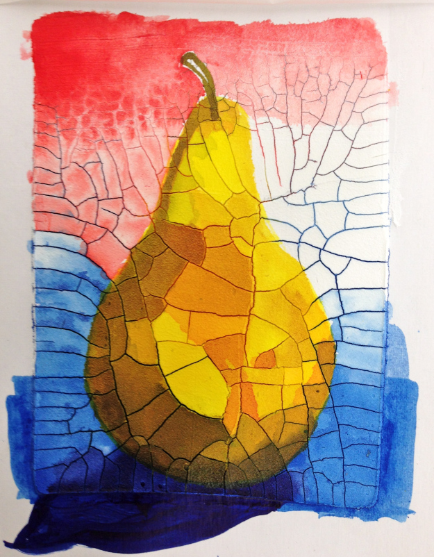 A pear painted on Crackle Paste.