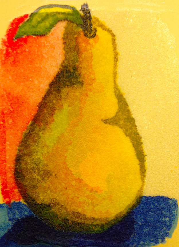 Pear painted on Glass Bead Gel, the board was first painted in Naples Yellow.