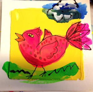 Painted with a combination of refillable markers and brushes.