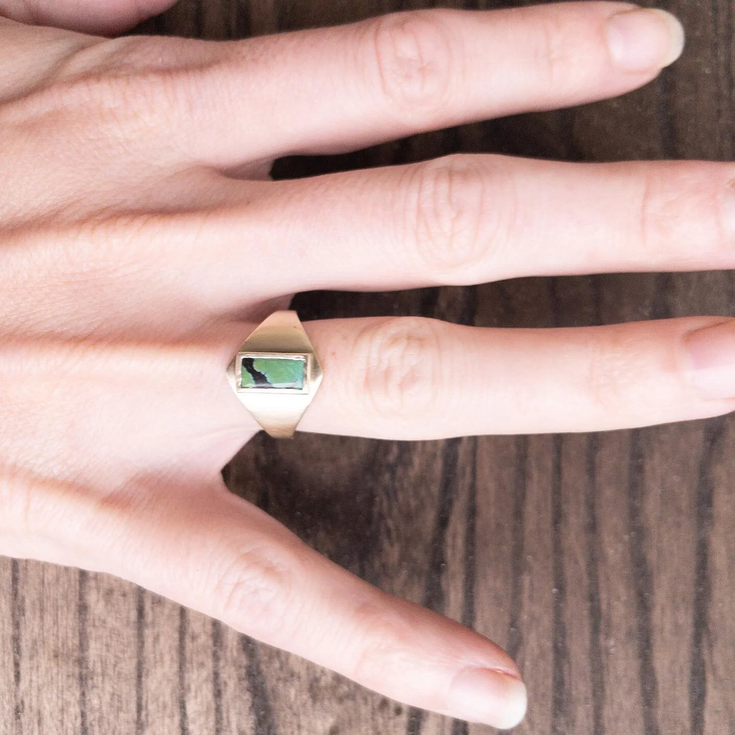 Warming things up on a cold day with this desert beauty! This custom ring is my newest favorite. Designed and made for an incredible soul.  Sleek and understated, the polychrome Hubei Turquoise really draws you in.