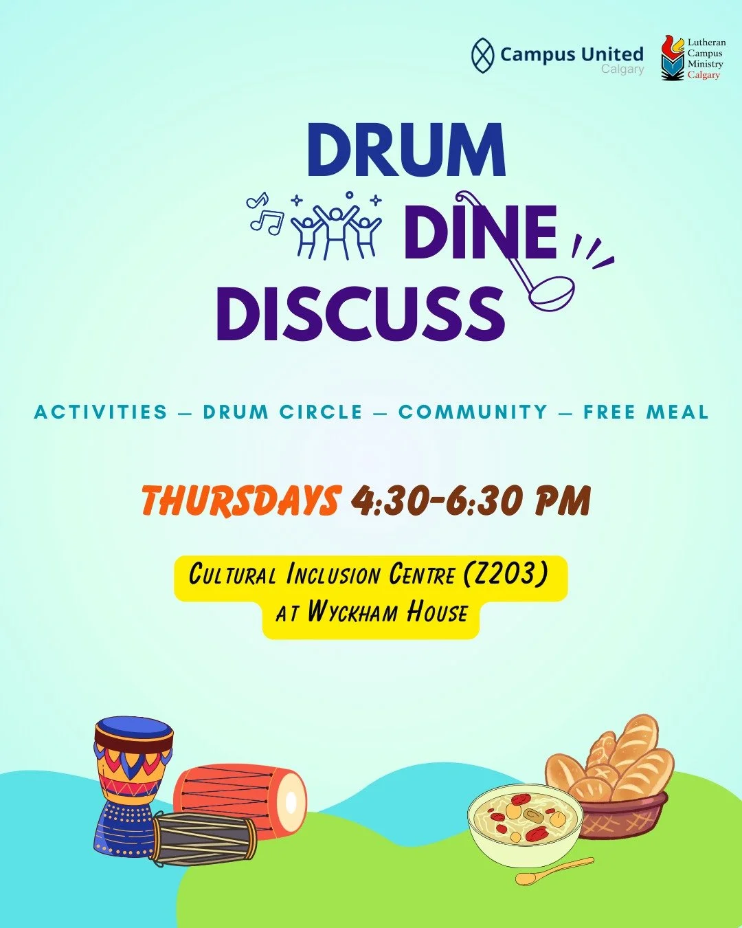 DDD resumes tomorrow, Sept. 11th!

This is a signature program shared by two campus ministries at MRU every Thursday, from 4:30 to 6:30pm. 

Join us at Z 203 (Cultural Inclusion Centre) to create rhythms, enjoy homemade meals, and discuss universal t