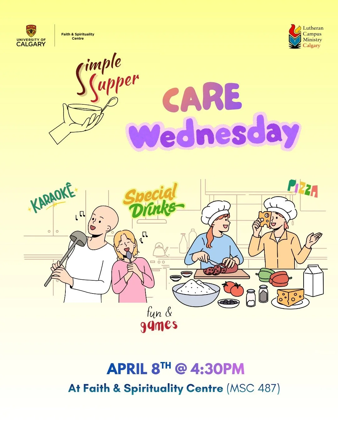 Our tradition to wrap up the Winter term with a "Care Wednesday" in UCalgary!! Join us for games, karaoke, special drinks, pizzas and conversations...

@fsc_ucalgary 

#elcic #YYC #campusministry #semesterends #affirmingfaith