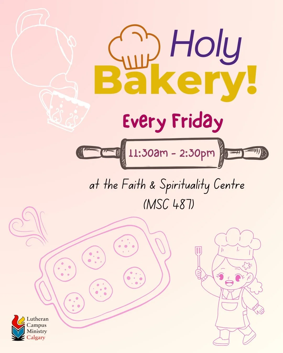 Holy Bakery resumes on January 16th! In Winter 2026, we meet on Fridays from 11:30am to 2:30pm.

Baking goods and warm tea are fabulous for university life... freshly baked goodies are ready for you!

#ucalgary #fscucalgary #freebakedgoods #warmtea #