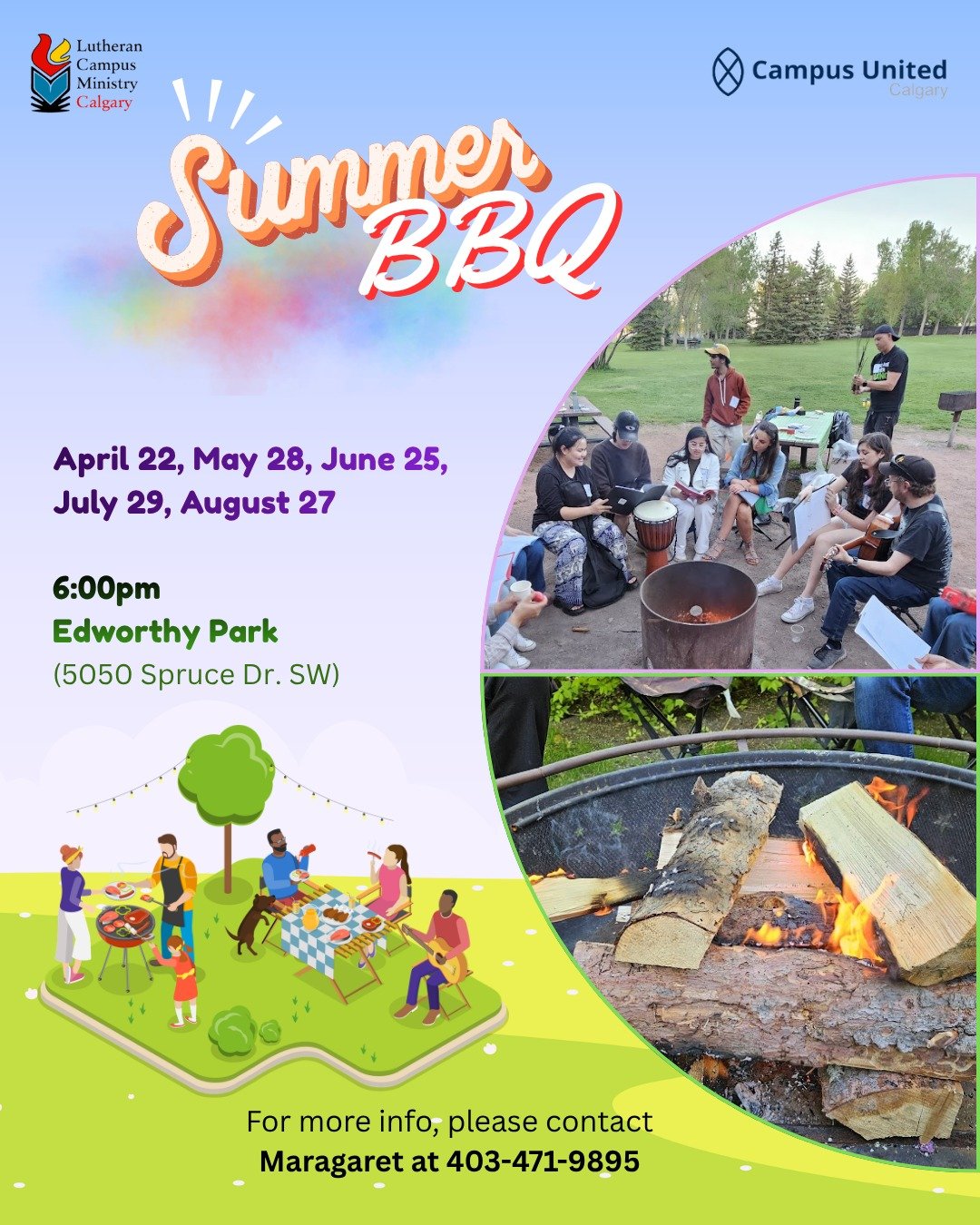 The monthly BBQ is back! We are at Edworthy Park this year. Join us on the last Wednesday (or Thursday) each month until summer ends.

#YYC #campusministries #elcic #affirmingfaith #summerbbq