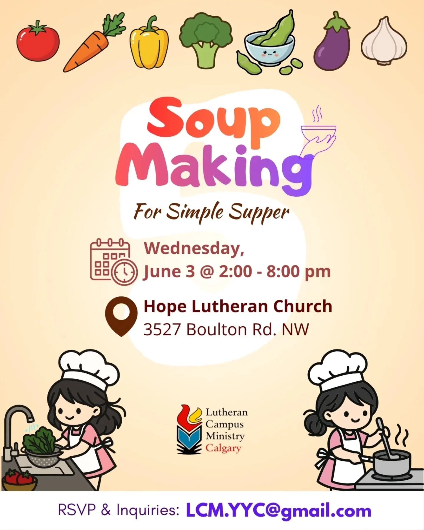 Join us for another "soup making party" for our Simple Supper program! We&rsquo;ll be preparing homemade soups together on June 3 at Hope Lutheran Church.

RSVP &amp; inquiries: LCM.YYC@gmail.com

#YYC #campusministry #soupmaking #rsvpbyema