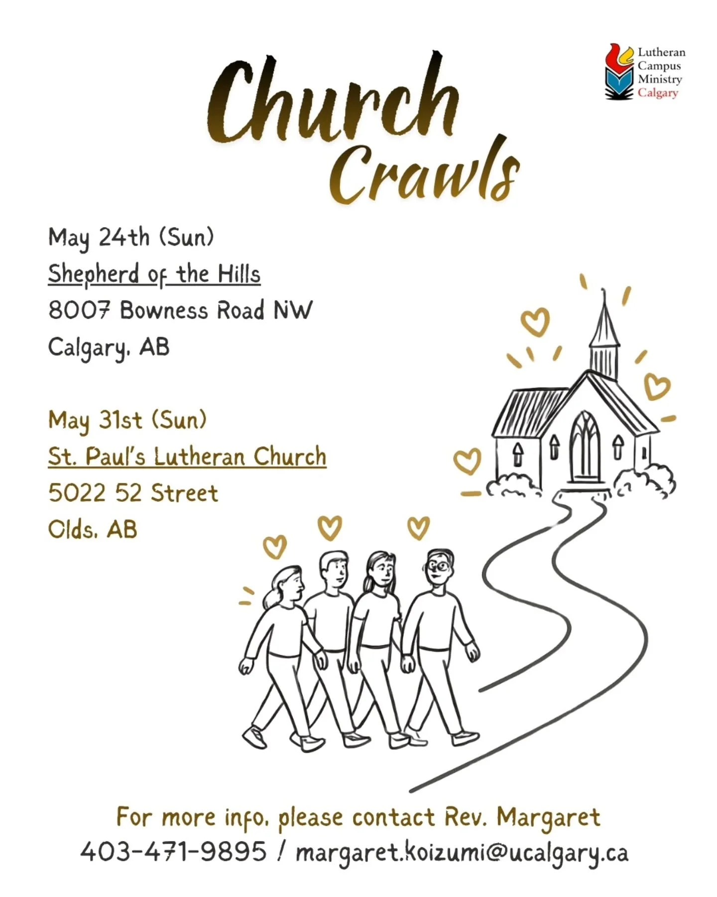 Our Spring/Summer staff team will be visiting local Lutheran churches over the next two Sundays! We&rsquo;d love to have you join us &mdash; please contact Margaret for more info.

#YYC #campusministry #elcic #churchcrawl #affirmingfaith