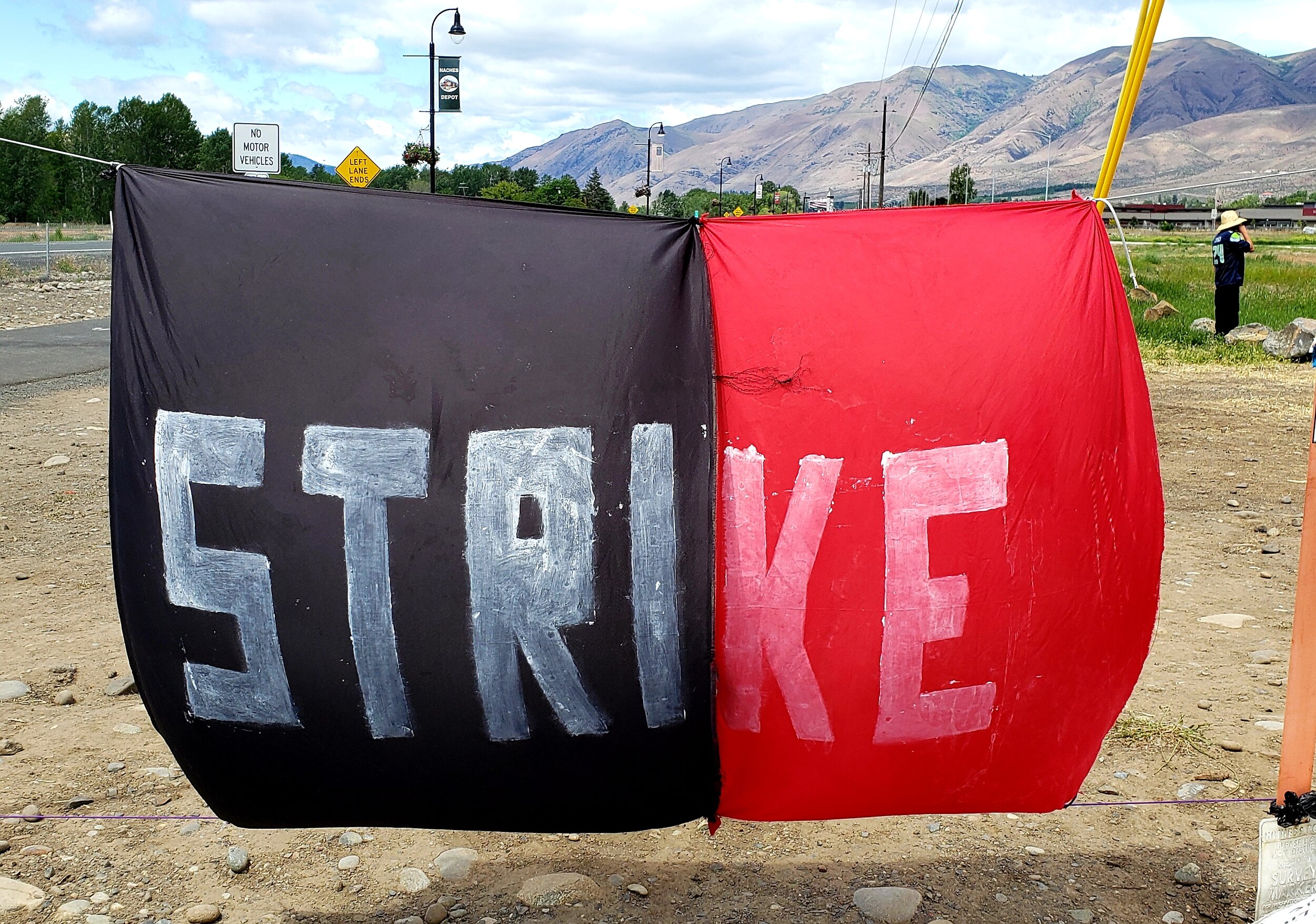  STRIKE! Banners made by a local supporter, Gustavo, for all of the strikes   Photo by Brenda Bentley  