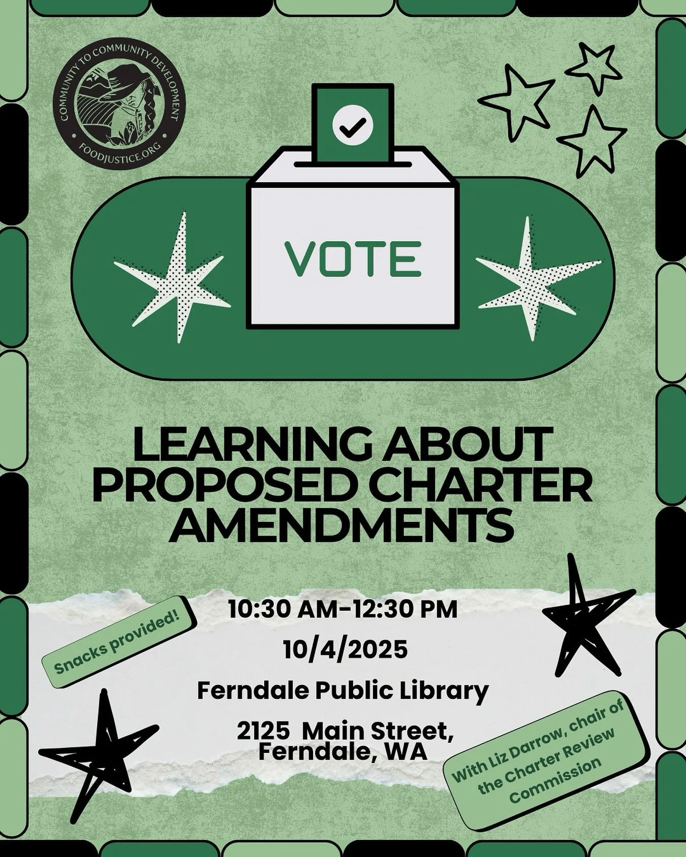 Come join us this Saturday, October 4 at the Ferndale Public Library to ask questions and understand the Whatcom County Charter Review Commission&rsquo;s proposed amendments, to be voted on in the November 4 General Election! 

Please rsvp via the li