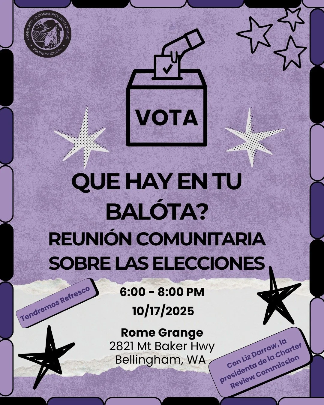 October 17: Reuni&oacute;n Comunitaria Biling&uuml;e | Bilingual Community Meeting 

Las elecciones generales son el martes 4 de noviembre. Las balotas se enviar&aacute;n por correo el 15 de octubre. Ven a informarte sobre el contenido de la papeleta