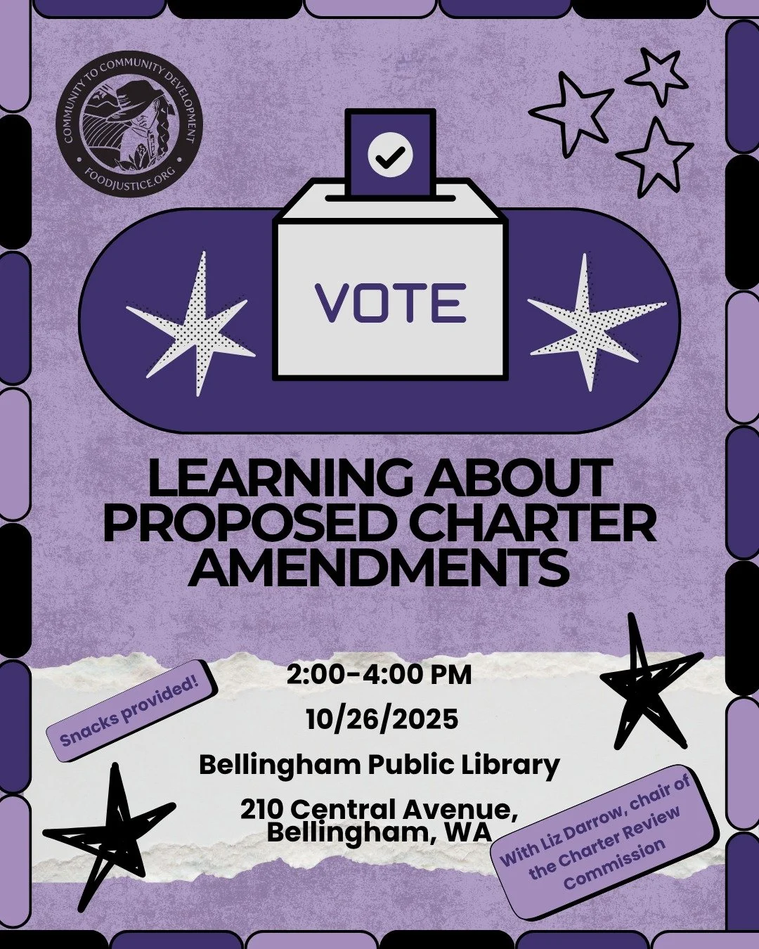 Come join us this Saturday, October 26 at the Bellingham Public Library to ask questions and understand the Whatcom County Charter Review Commission&rsquo;s proposed amendments, to be voted on in the November 4 General Election! 

Please rsvp via the