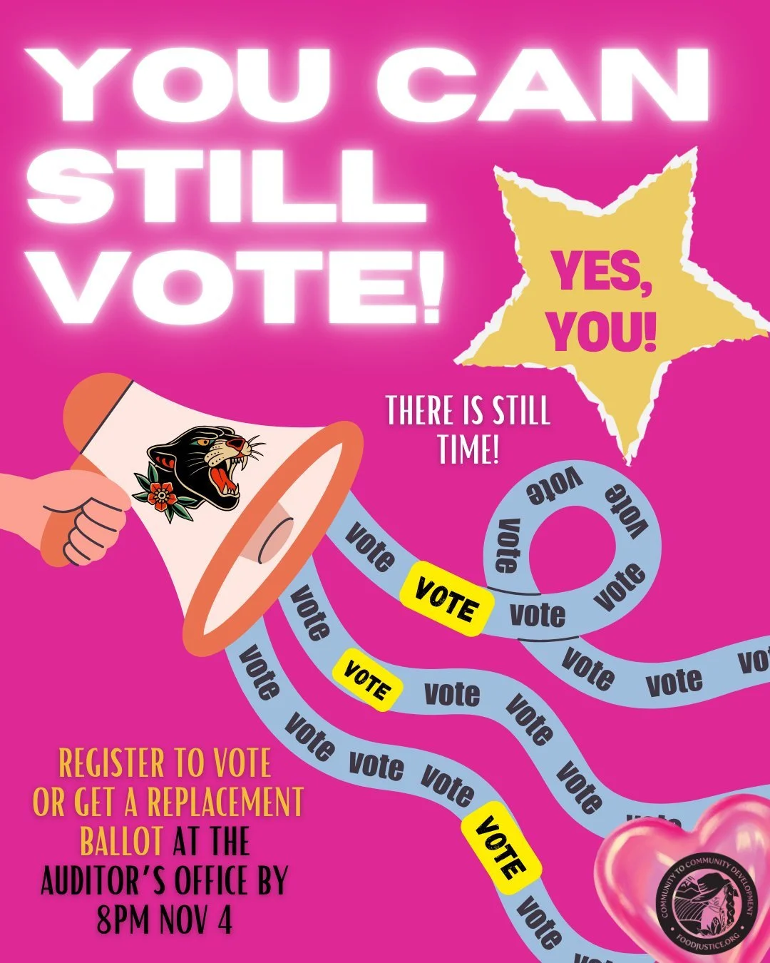 YOU can still vote! Even if you haven&rsquo;t yet registered, or your ballot went missing, or your voter registration information is incorrect. Go in-person tomorrow November 4 to your local election auditor or elections office to get what you need t