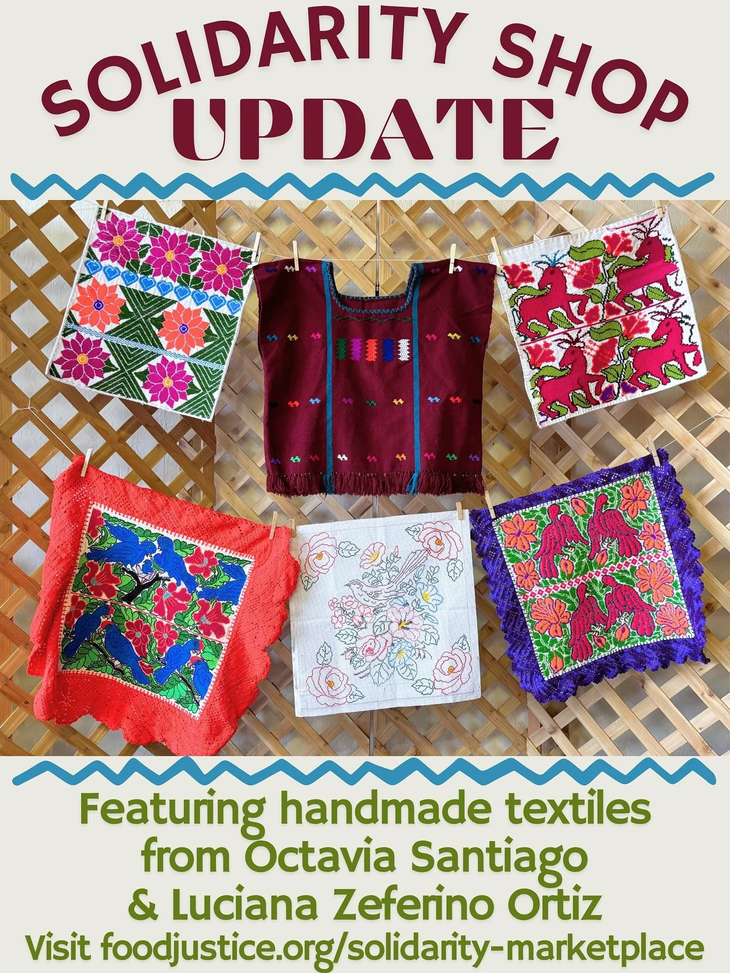 This fall and winter we are honored to share the beautiful handmade textiles of Octavia Santiago and Luciana Zeferino Ortiz. 

Octavia Santiago is a Skagit County farmworker, a member of farmworker union Familias Unidas por la Justicia&rsquo;s leader
