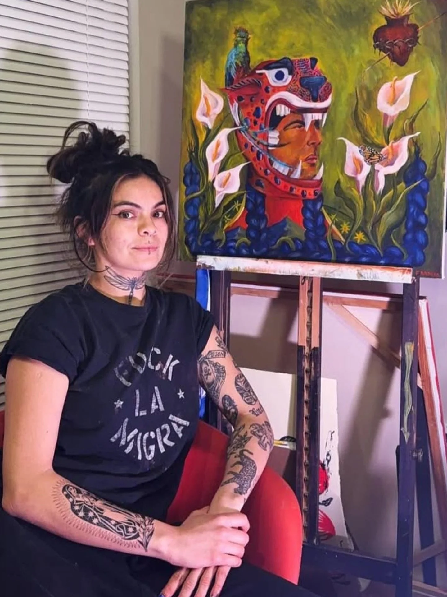 Friend of C2C @thee_franceart spotted wearing a C2C &lsquo;Fuck La Migra&rsquo; shirt. ❌🧊

You can get yours for the holiday when you order by December 3! Find the link to this shirt and other great offerings via Solidarity Shop / Solidarity Marketp