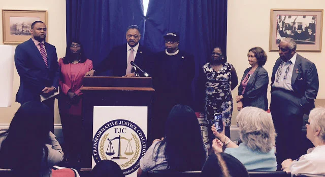 June 23 voting rights press conference; Rep. Veasey, (D-Texas), Rep. Sewell, (D- Alabama) Rev. Jesse Jackson, Rainbow -- PUSH, Rev. Lennox Yearwood, Hip Hop Caucus, Barbara Arnwine, chair of the Voting Rights Alliance, Terry O'Neill, National Organization For Women and Rep. Charles Rangel (D-New York). (Photo: Ben Ptashnik)