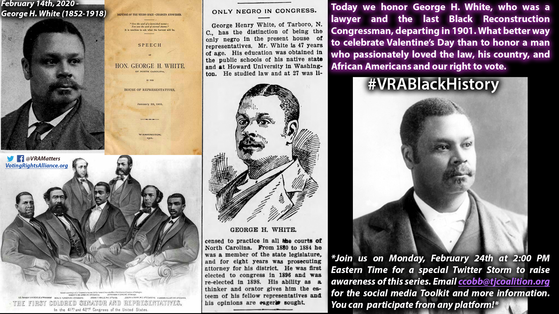 Today we honor George H. White, who was a lawyer and a Republican African American Congressman from North Carolina’s Second Congressional District (1899-1901). "Facing overwhelming odds in the wake of the further disfranchisement of North Carolina b…