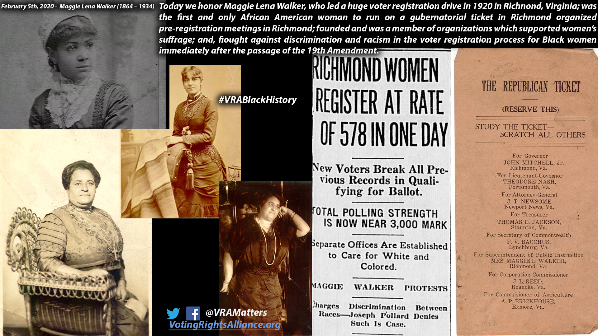 On February 5th, we honored Maggie Lena Walker. Maggie organized pre-registration meetings in in 1920 in Richmond, Virginia after the ratification of the 19th Amendment. Those meetings led to a huge voter registration drive for African American wome…