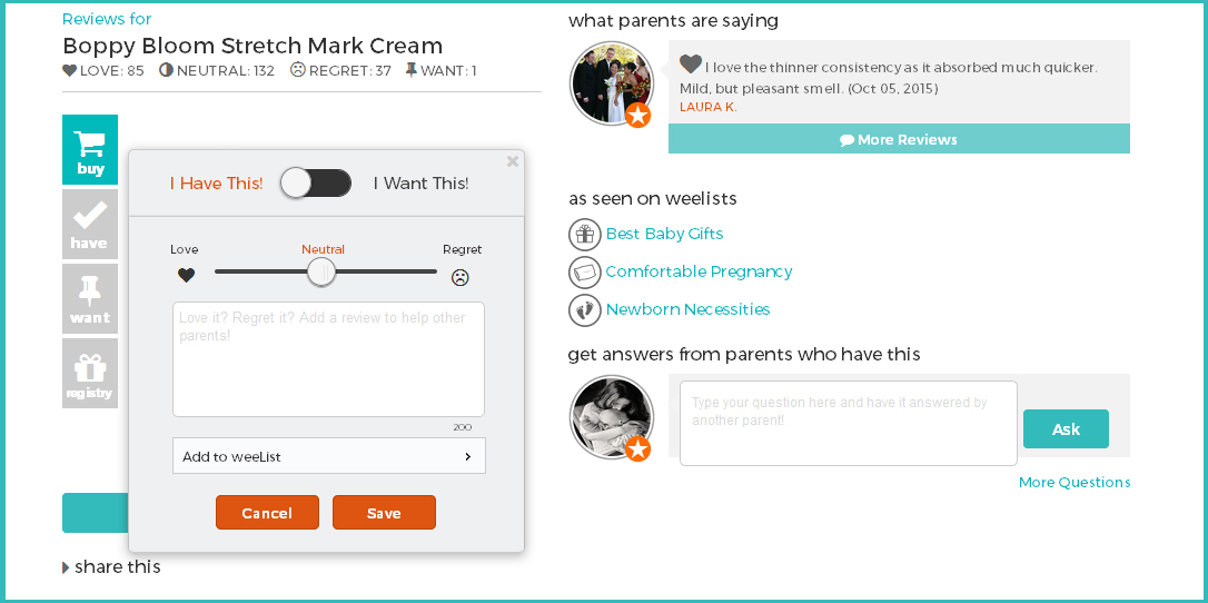 2. Click on the "Have" button with the checkmark and a pop-up box will appear. Choose Love, Neutral, or Regret from the slider button at the top and add some details.