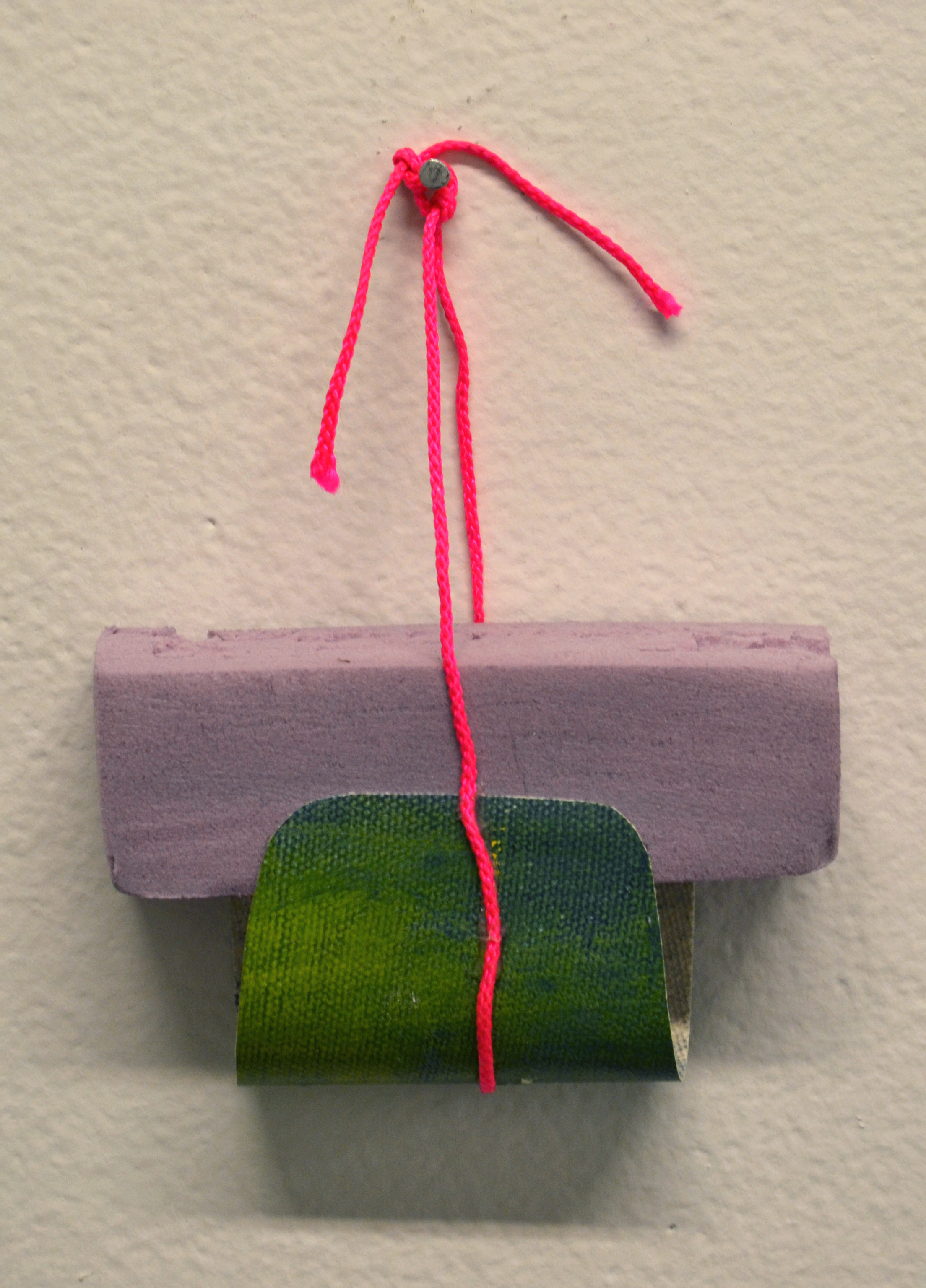 Insulation foam board, oil on canvas, and plastic cord. 