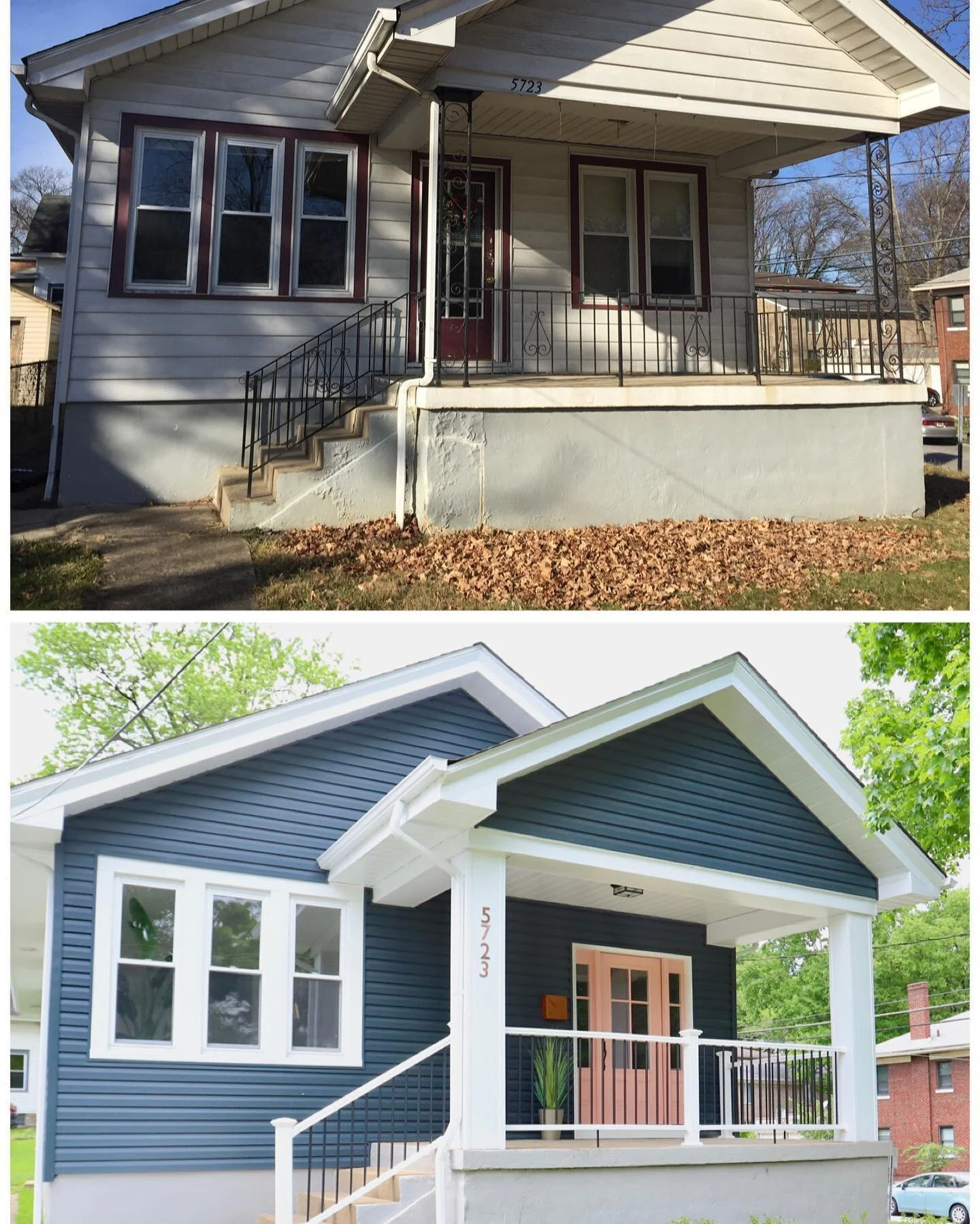 Lots of hard work went into transforming the exterior of #thecozycornercottage. All new siding, gutters and trim from @midwesteliteexteriors 😍, new porch columns by @all_around_joe, railings, fresh paint, a new custom order front door and railing ki