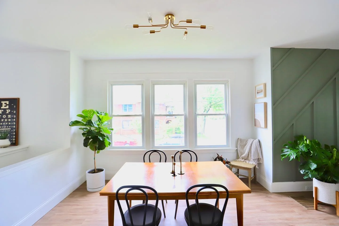 One of my favorite tricks in dining rooms is to ditch the chandelier or pendant in favor of a (semi) flush mount light. Often the very center of the room isn&rsquo;t the ideal spot to place the table: it interferes with the flow, other furniture and 