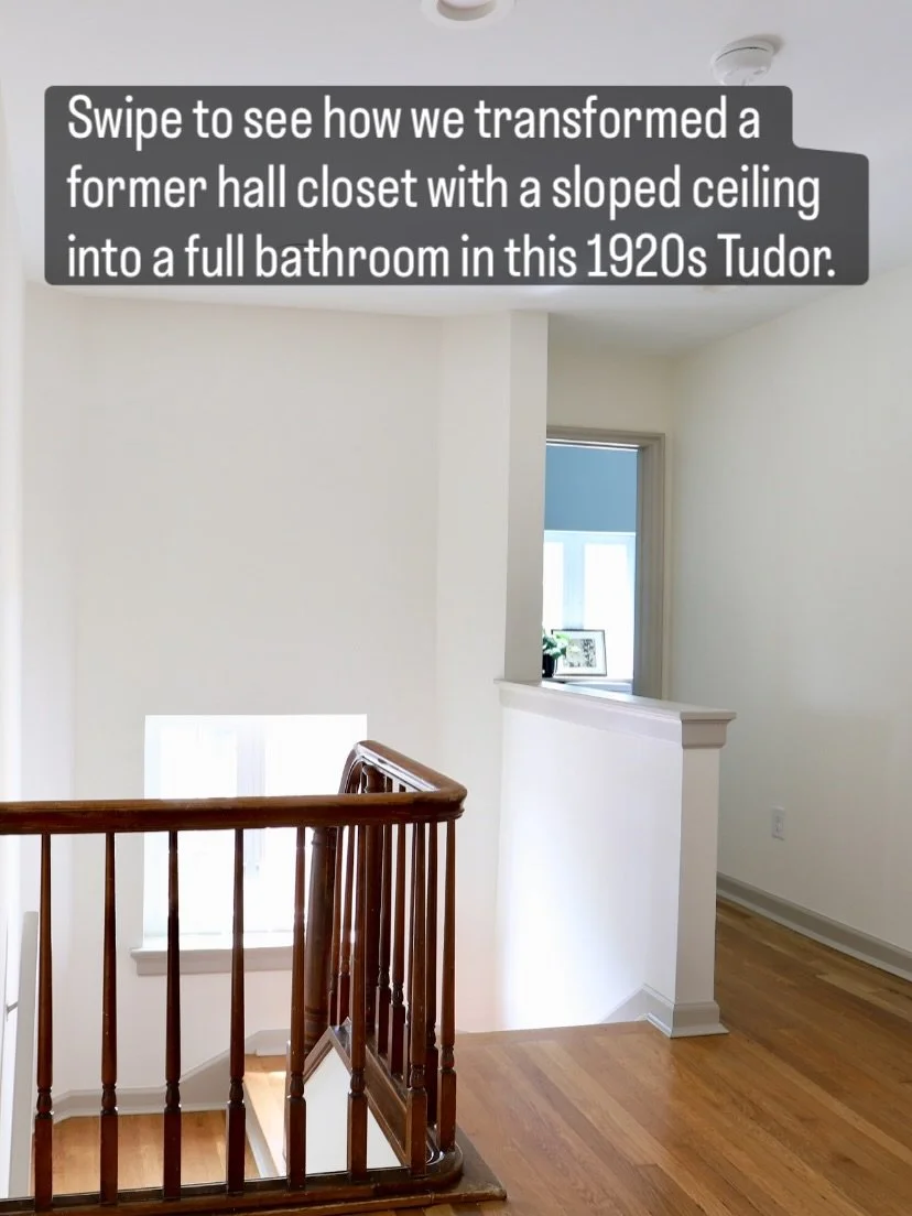 Throwback to the #treehousetudor we designed and styled with expert construction by @light__homes last spring! 🥰 Still love this adorable little bathroom! All of its finishes and this pretty paint color are linked via my profile (click Pinterest &gt