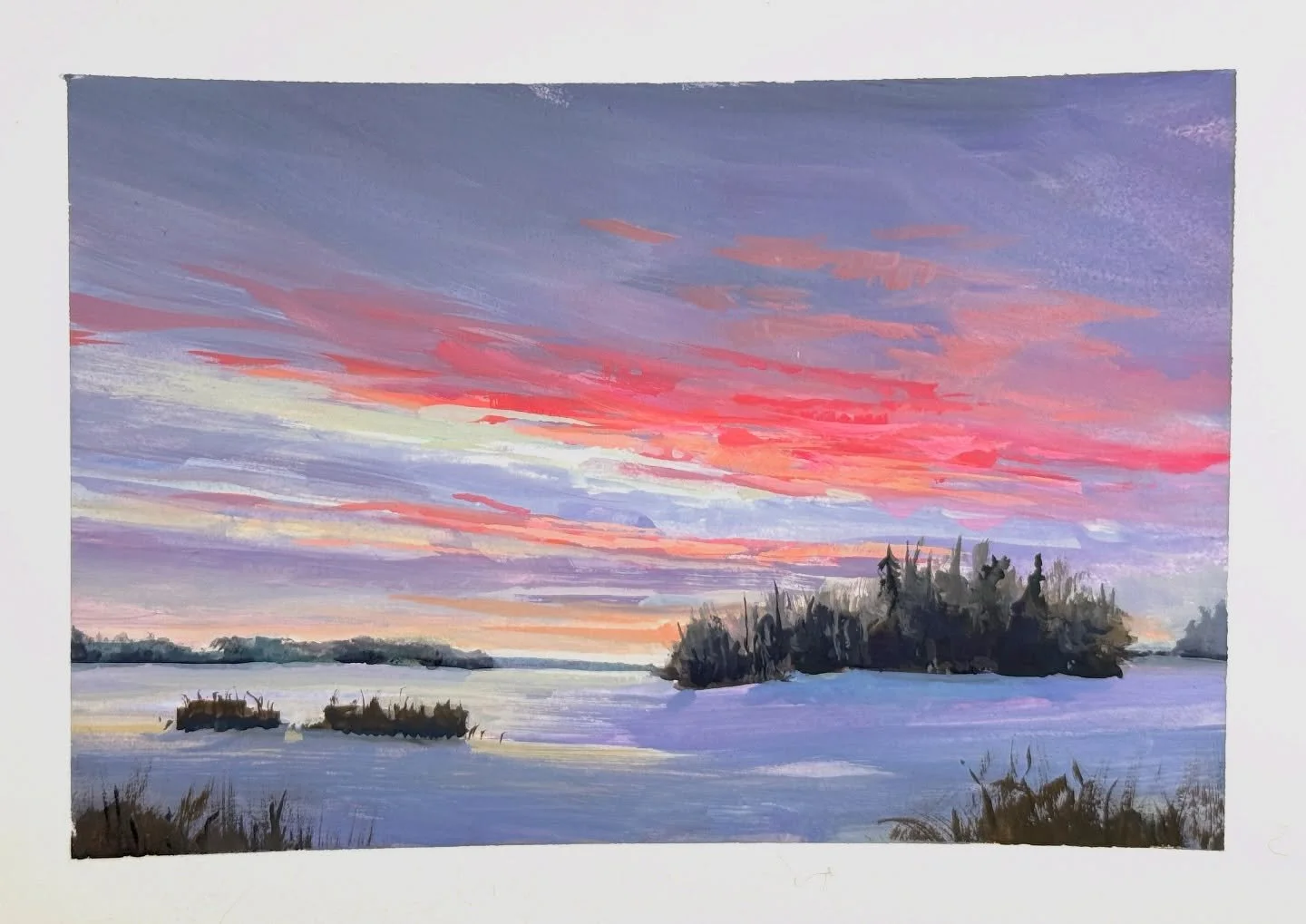 Exploring winter sunsets in gouache.