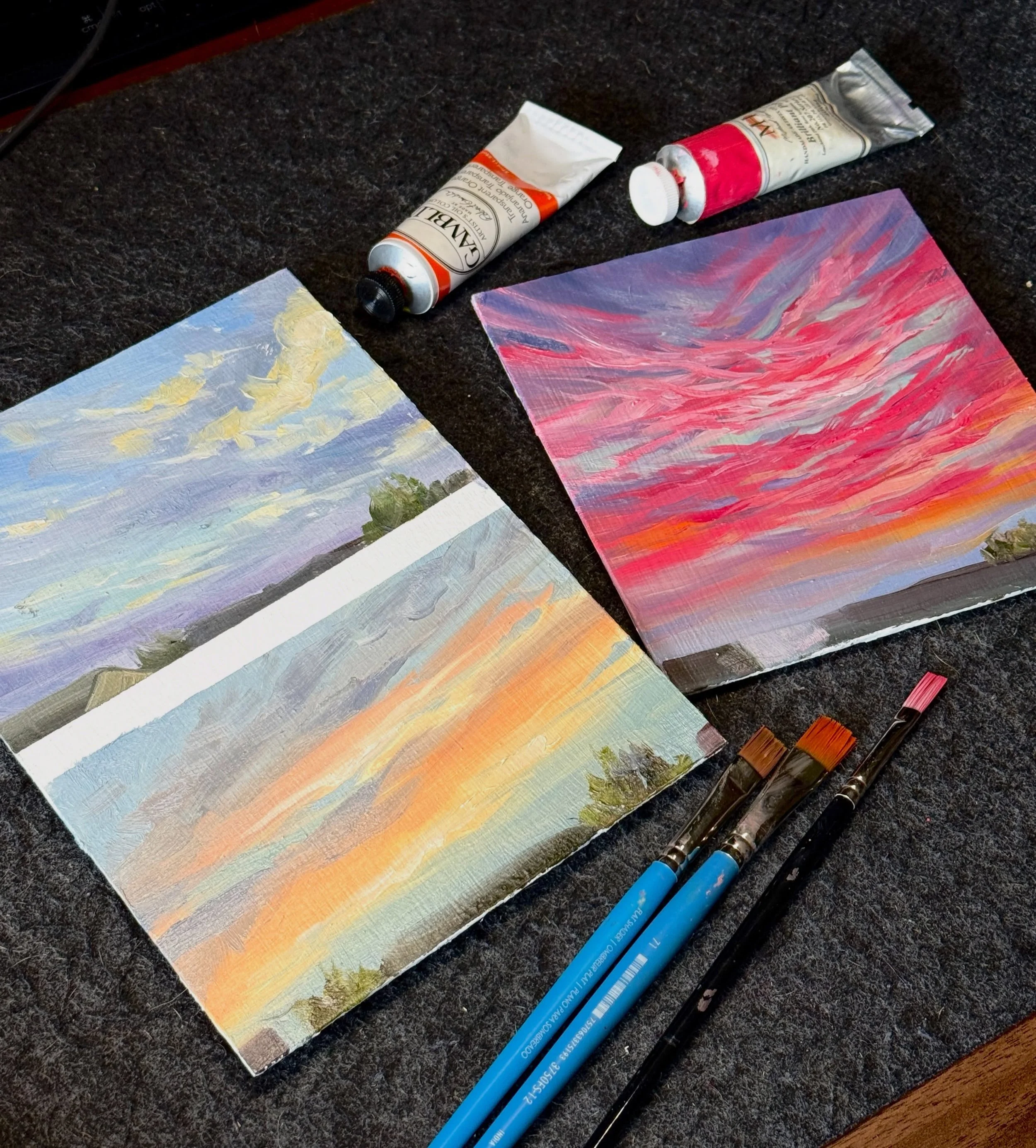Couple o&rsquo; sky plein air studies done whilst hanging around the bonfire with some good friends and good laughs. The pink sky study I worked up a little more this morning in the studio to try and capture the feeling of how the sky looked more acc