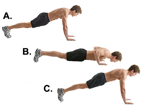 Good push-up technique! Arms are kept tight to the body, protecting shoulders from injury.