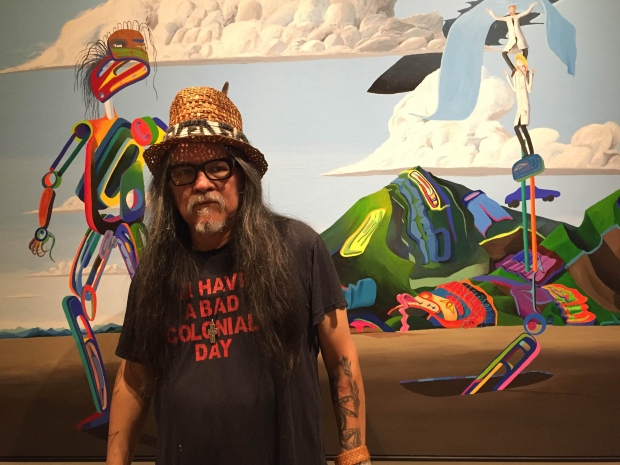 Lawrence Paul Yuxweluptun's paintings make striking use of colour and surreal West Coast imagery - photo by Margaret Gallagher - CBC.JPG