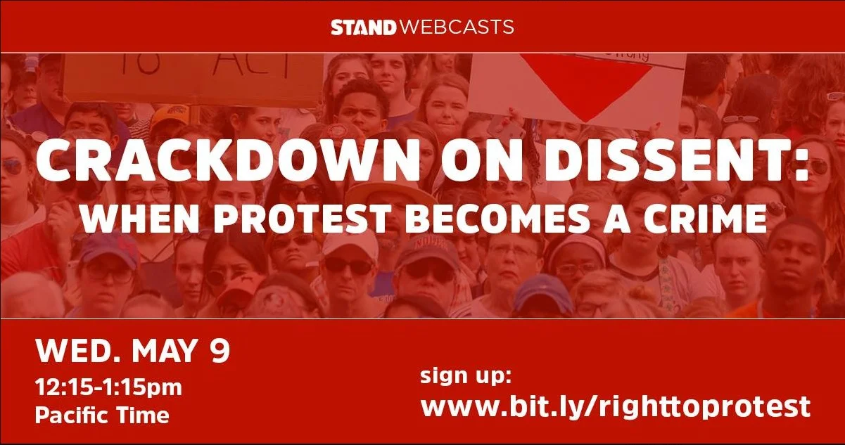 Social Justice Centre member and Kwantlen criminology professor Irina Ceric will present on injunctions, contempt, and the criminalization of dissent during this webinar. Please join in! Stand May 3 at 11:00am · Governments are cracking down on demonstrations and dissent and have been targeting movements for the environment, Indigenous sovereignty, Black lives, and immigrant rights. RSVP for our webcast: http://bit.ly/righttoprotest