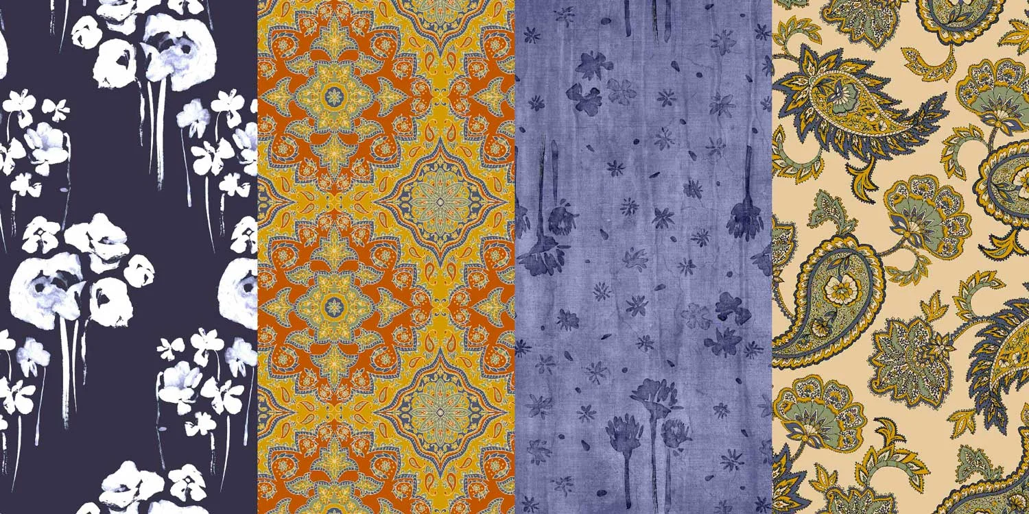 A collage of textile designs, sumi-e ink floral design, paisley, global ornamental print, fashion apparel, home decor