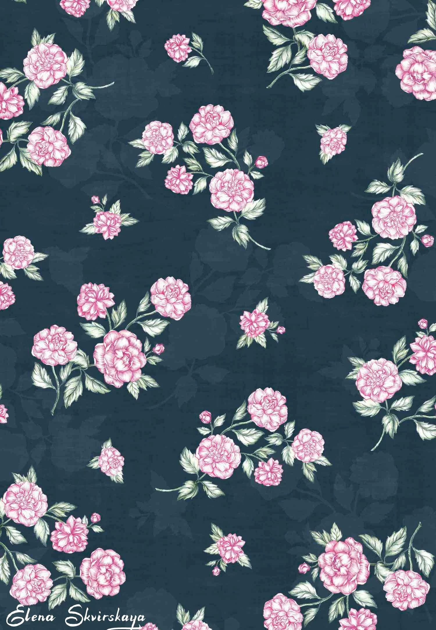 roses bunches on a dark background, colored pencils, retro, vintage look