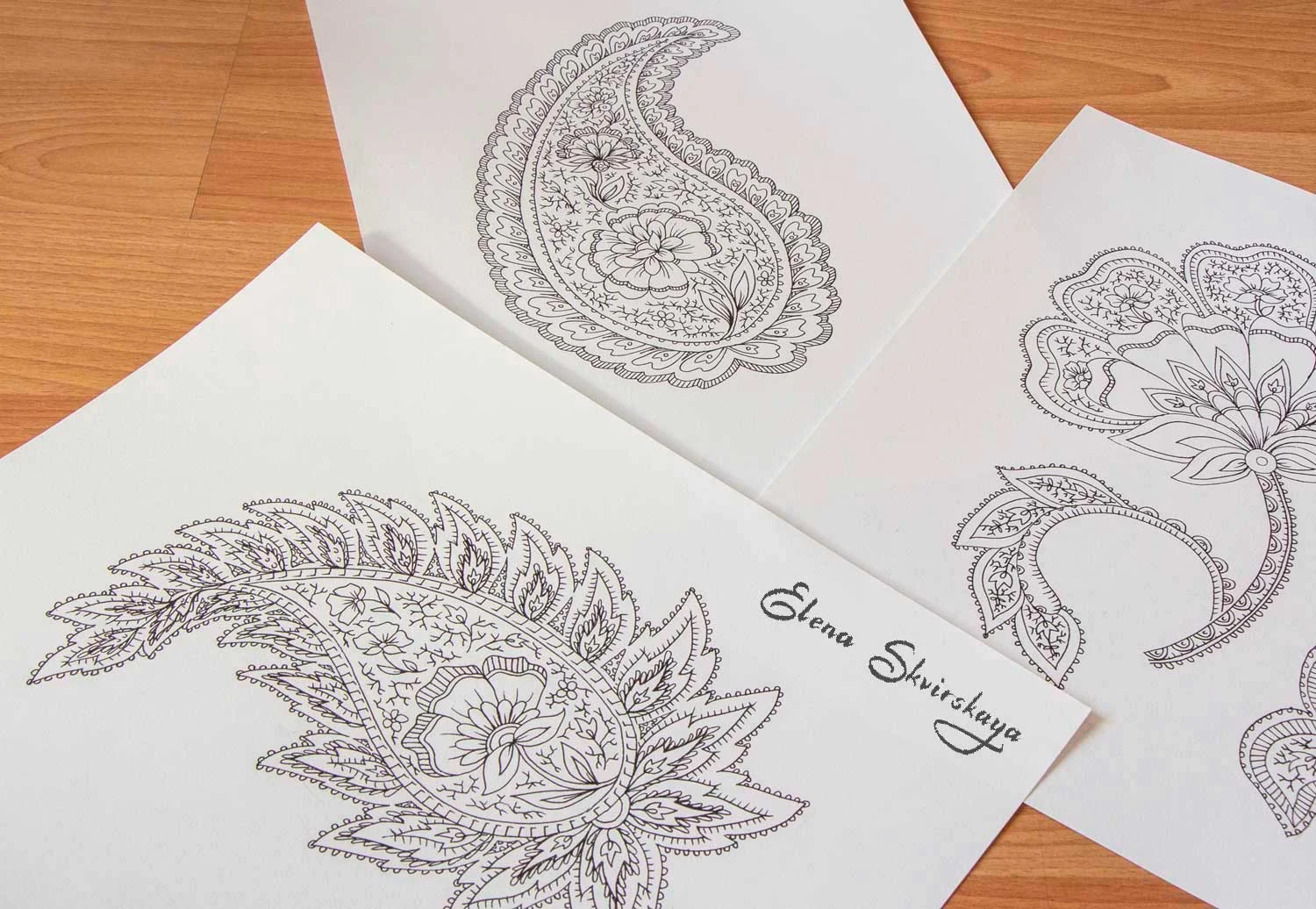 paisleys sketches for a textile design, to be scanned at high resolution and assembled in Photoshop